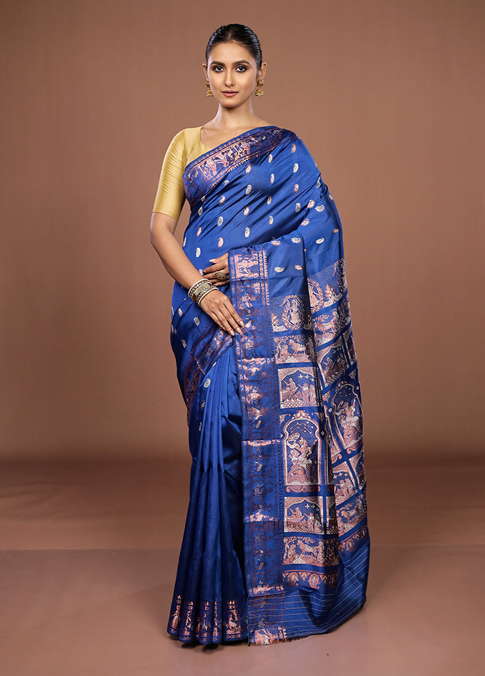 Blue Handloom Baluchari Pure Silk Saree With Blouse Piece