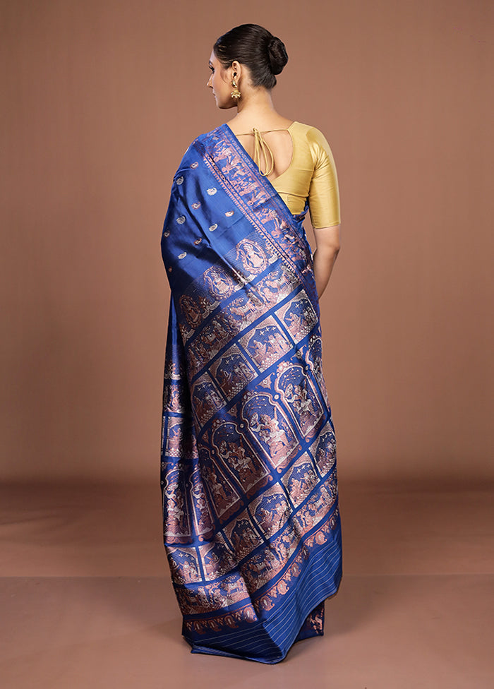 Blue Handloom Baluchari Pure Silk Saree With Blouse Piece