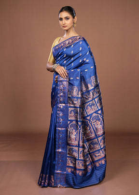 Blue Handloom Baluchari Pure Silk Saree With Blouse Piece