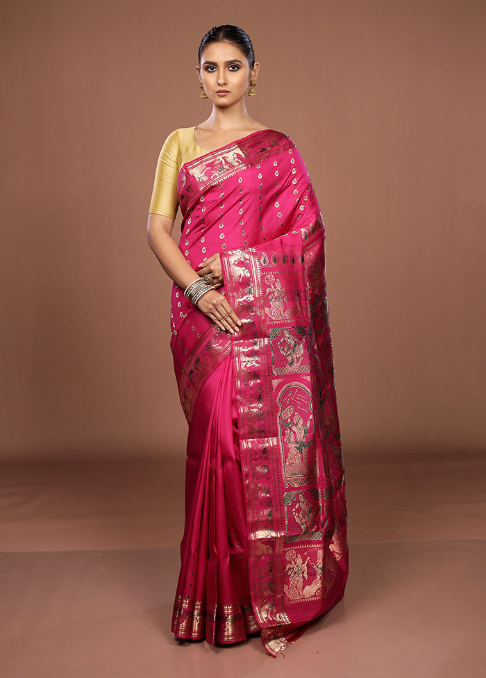 Pink Handloom Baluchari Pure Silk Saree With Blouse Piece