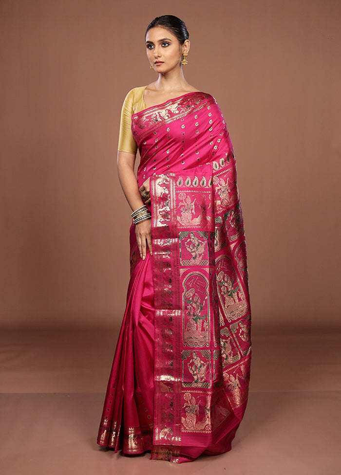 Pink Handloom Baluchari Pure Silk Saree With Blouse Piece
