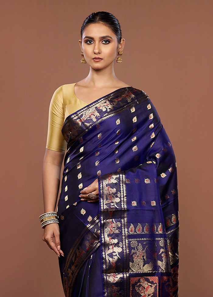 Blue Handloom Baluchari Pure Silk Saree With Blouse Piece