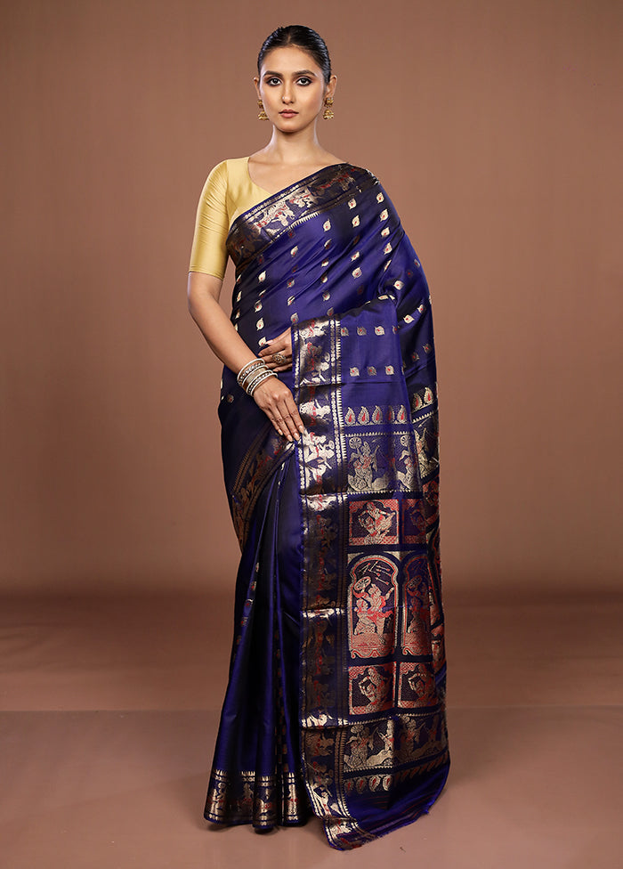 Blue Handloom Baluchari Pure Silk Saree With Blouse Piece