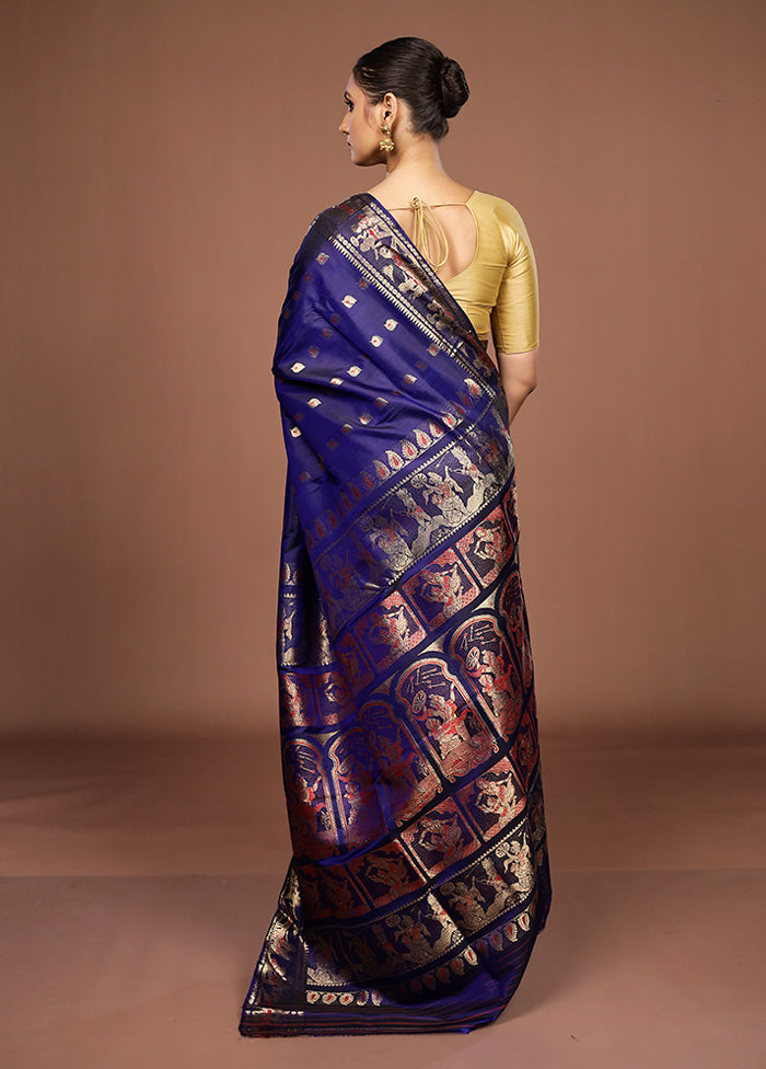 Blue Handloom Baluchari Pure Silk Saree With Blouse Piece