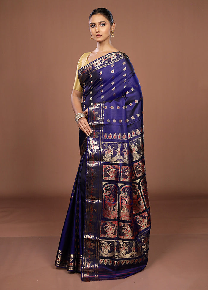 Blue Handloom Baluchari Pure Silk Saree With Blouse Piece