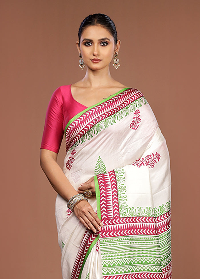 White Printed Pure Silk Saree Without Blouse Piece