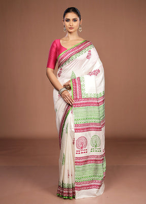 White Printed Pure Silk Saree Without Blouse Piece