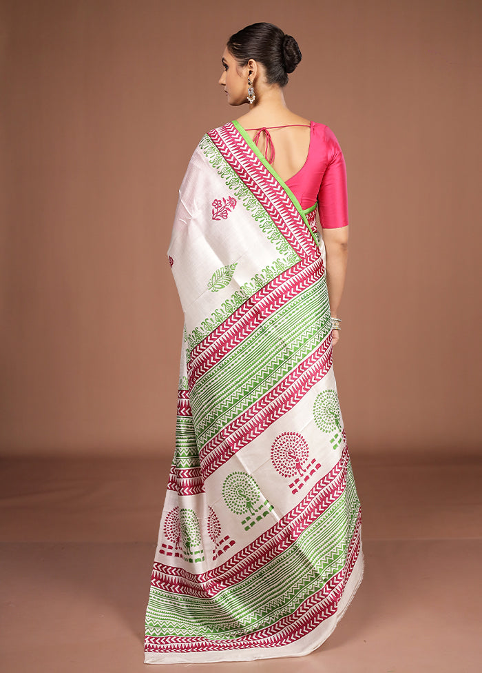 White Printed Pure Silk Saree Without Blouse Piece