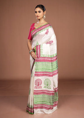 White Printed Pure Silk Saree Without Blouse Piece