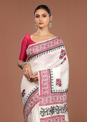 White Printed Pure Silk Saree Without Blouse Piece