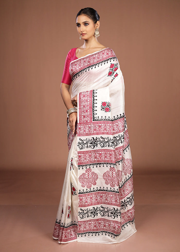 White Printed Pure Silk Saree Without Blouse Piece