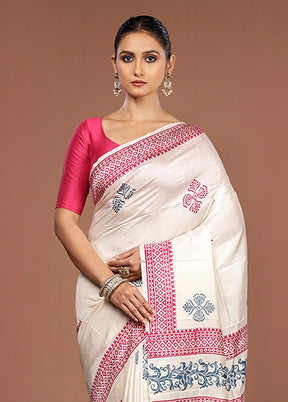 White Printed Pure Silk Saree Without Blouse Piece