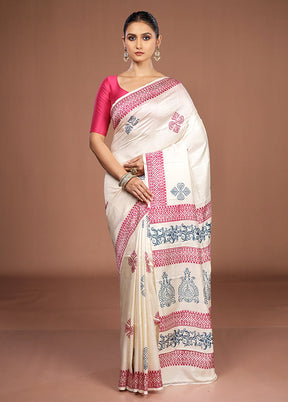 White Printed Pure Silk Saree Without Blouse Piece