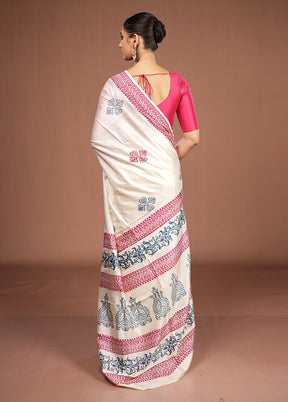 White Printed Pure Silk Saree Without Blouse Piece