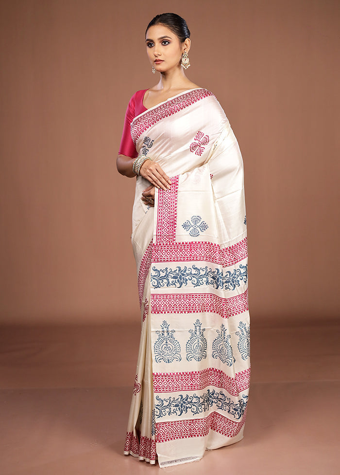 White Printed Pure Silk Saree Without Blouse Piece