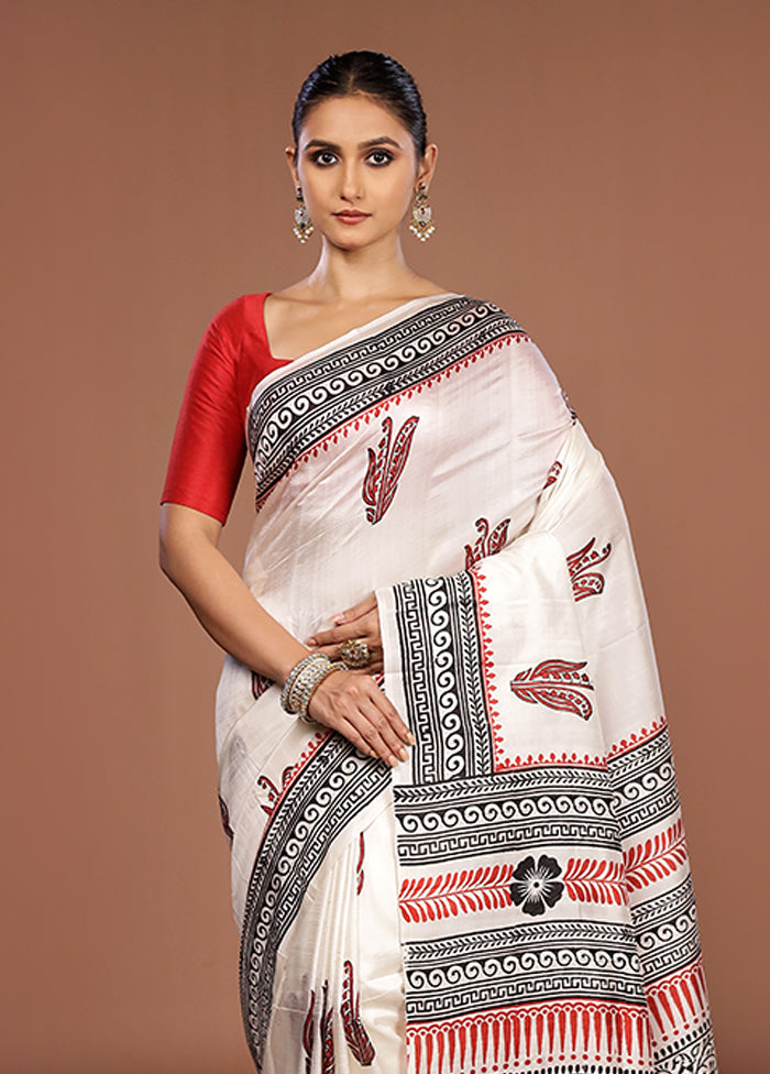 White Printed Pure Silk Saree Without Blouse Piece