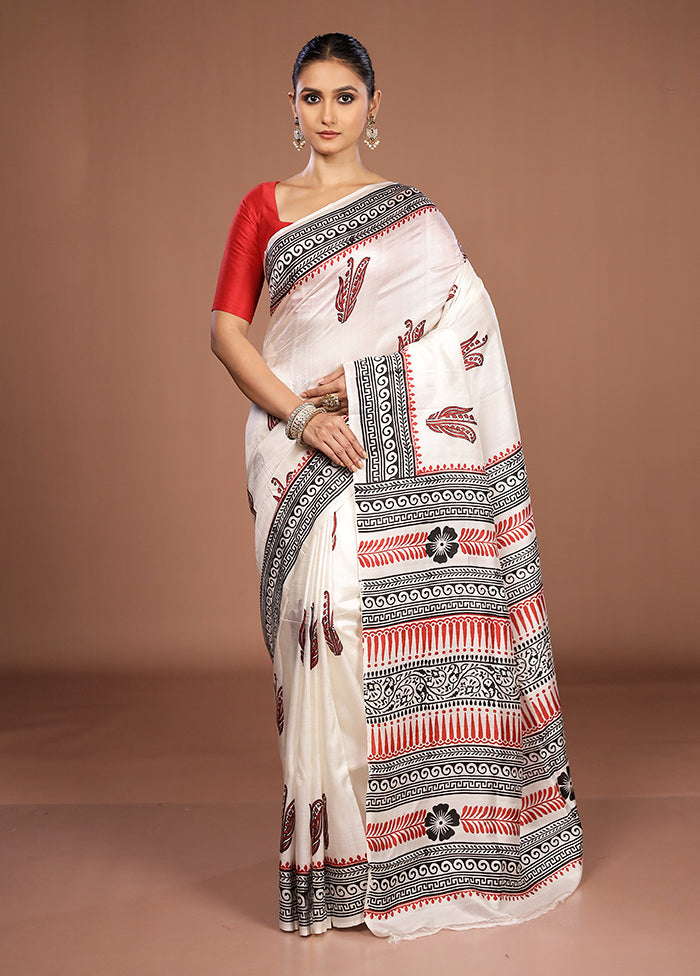 White Printed Pure Silk Saree Without Blouse Piece