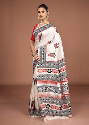 White Printed Pure Silk Saree Without Blouse Piece