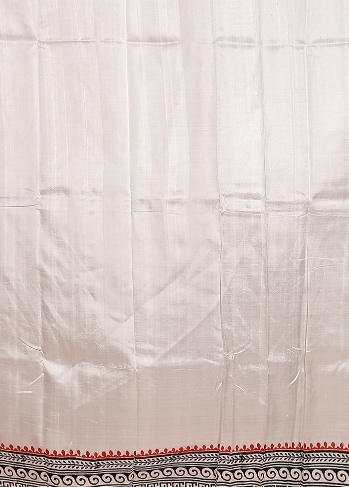 White Printed Pure Silk Saree Without Blouse Piece