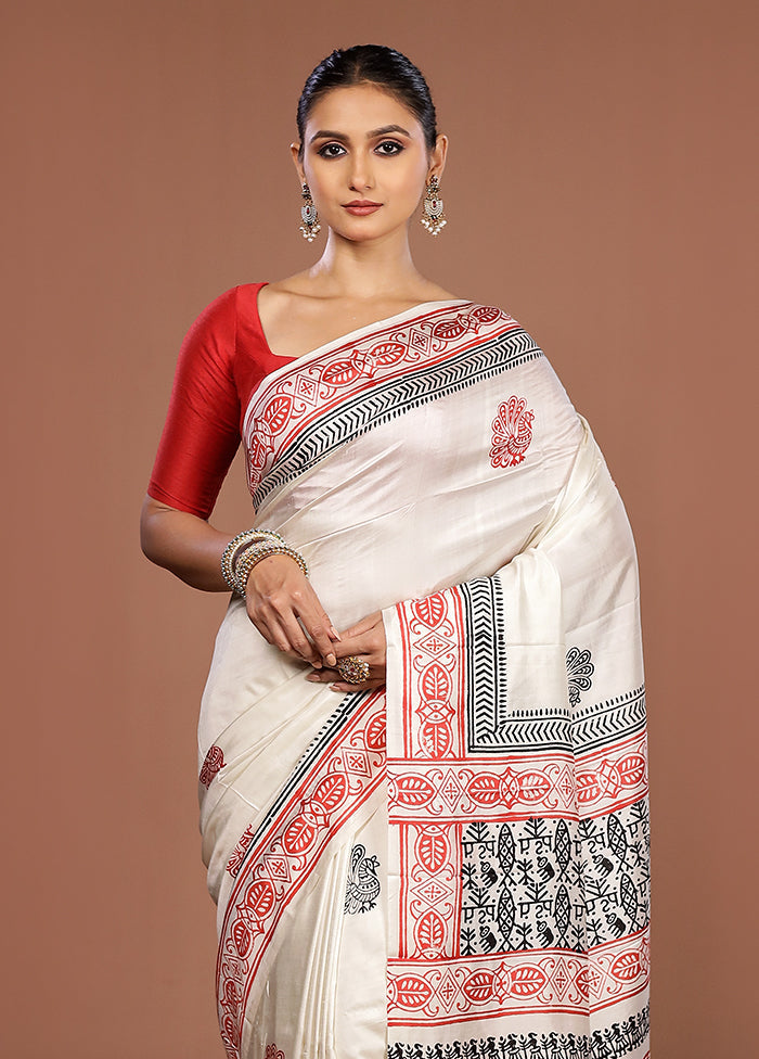 White Printed Pure Silk Saree Without Blouse Piece