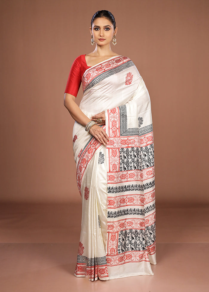 White Printed Pure Silk Saree Without Blouse Piece