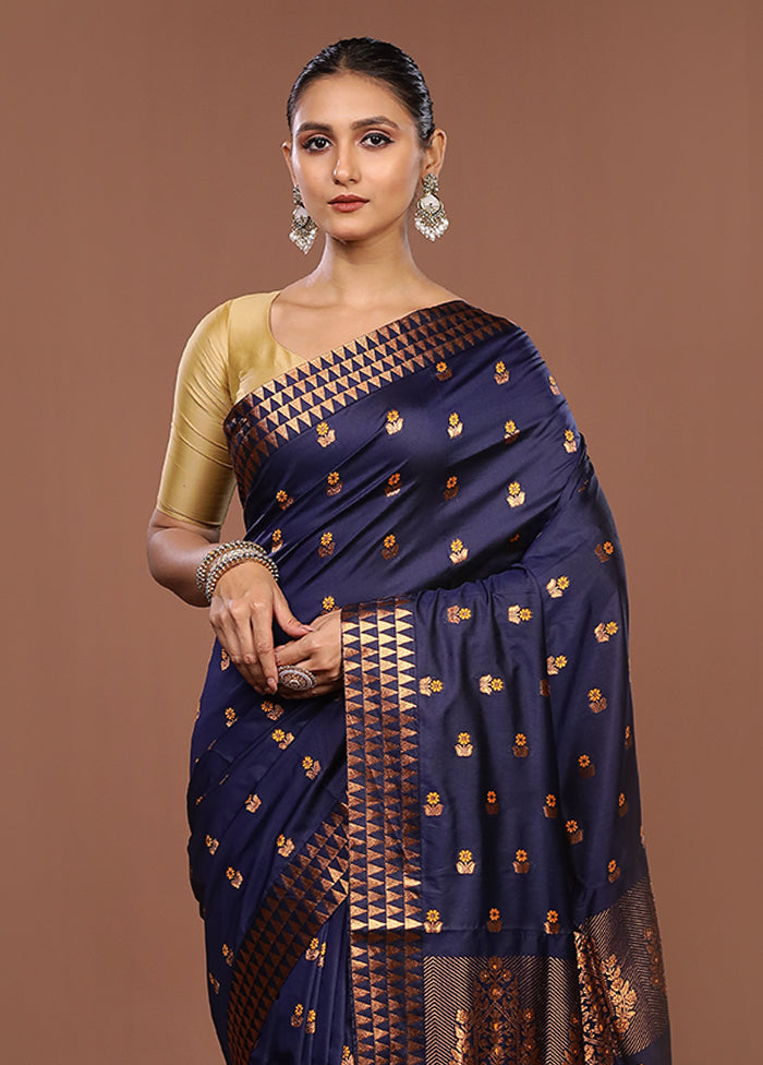 Blue Assam Silk Saree With Blouse Piece