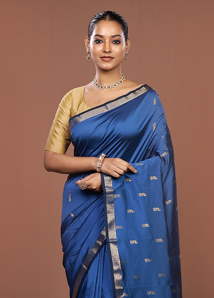 Blue Kanjivaram Silk Saree With Blouse Piece