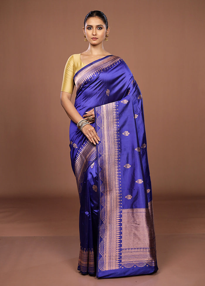 Blue Handloom Katan Pure Silk Saree With Blouse Piece