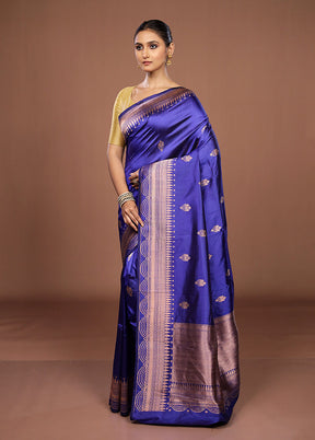 Blue Handloom Katan Pure Silk Saree With Blouse Piece