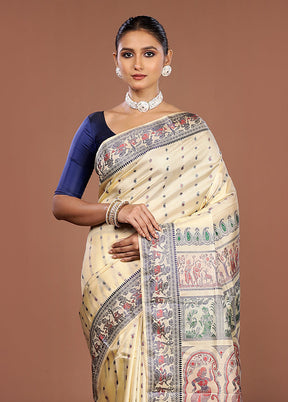 Cream Handloom Baluchari Pure Silk Saree With Blouse Piece