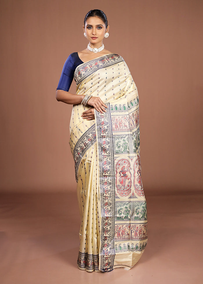 Cream Handloom Baluchari Pure Silk Saree With Blouse Piece