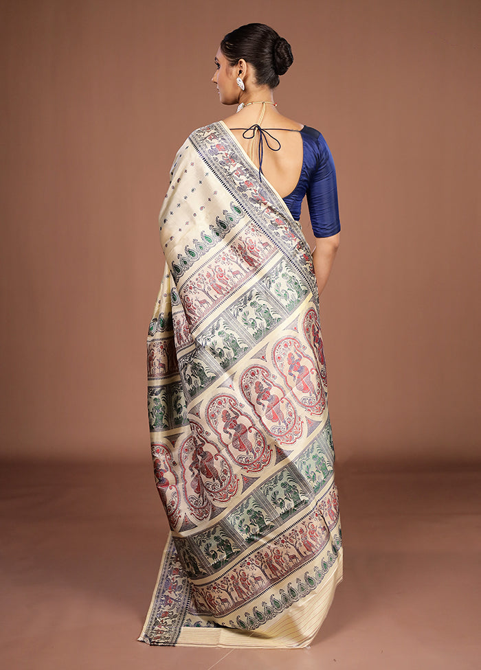 Cream Handloom Baluchari Pure Silk Saree With Blouse Piece