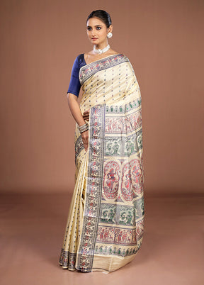 Cream Handloom Baluchari Pure Silk Saree With Blouse Piece