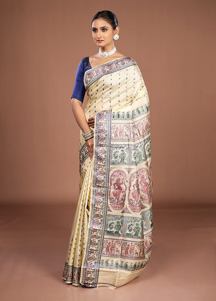 Cream Handloom Baluchari Pure Silk Saree With Blouse Piece