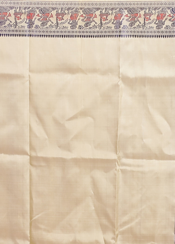 Cream Handloom Baluchari Pure Silk Saree With Blouse Piece