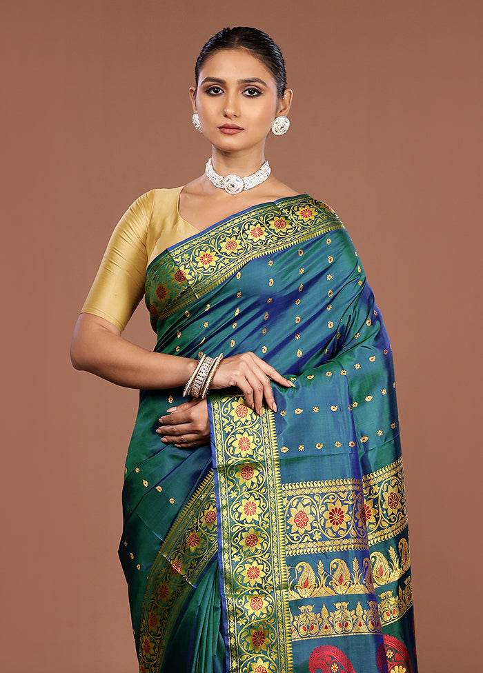 Green Handloom Baluchari Pure Silk Saree With Blouse Piece
