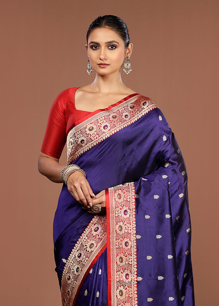 Blue Handloom Katan Pure Silk Saree With Blouse Piece