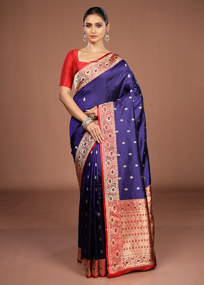 Blue Handloom Katan Pure Silk Saree With Blouse Piece