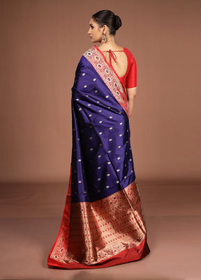 Blue Handloom Katan Pure Silk Saree With Blouse Piece
