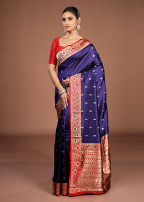 Blue Handloom Katan Pure Silk Saree With Blouse Piece