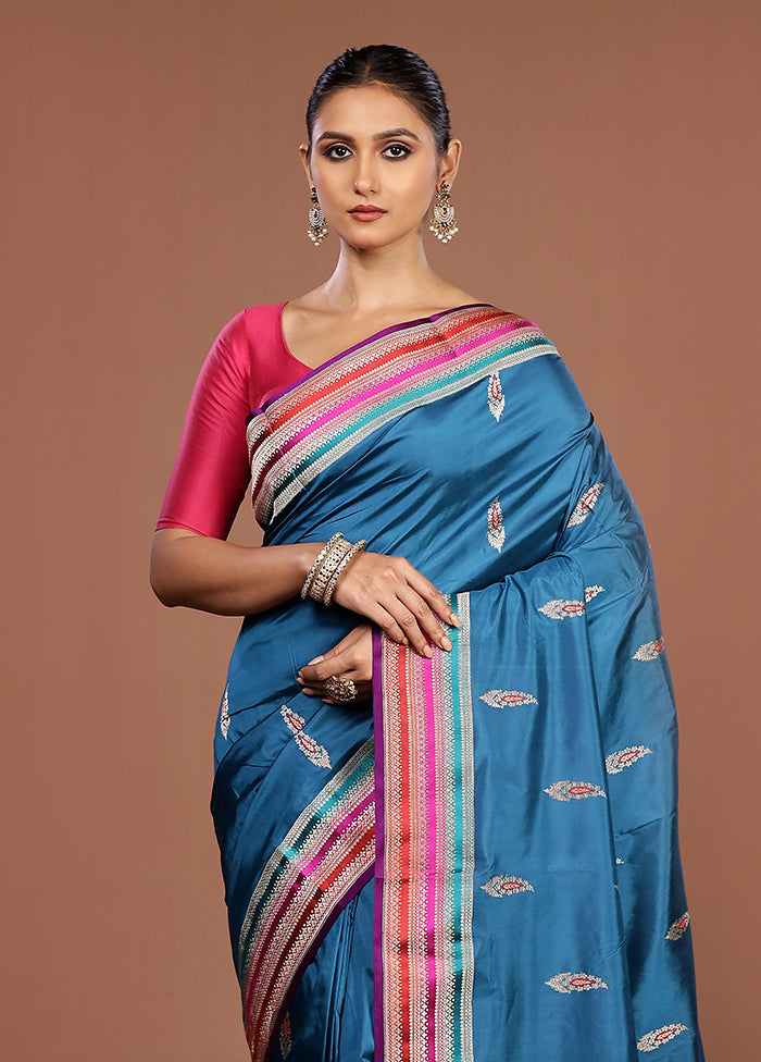 Blue Handloom Katan Pure Silk Saree With Blouse Piece