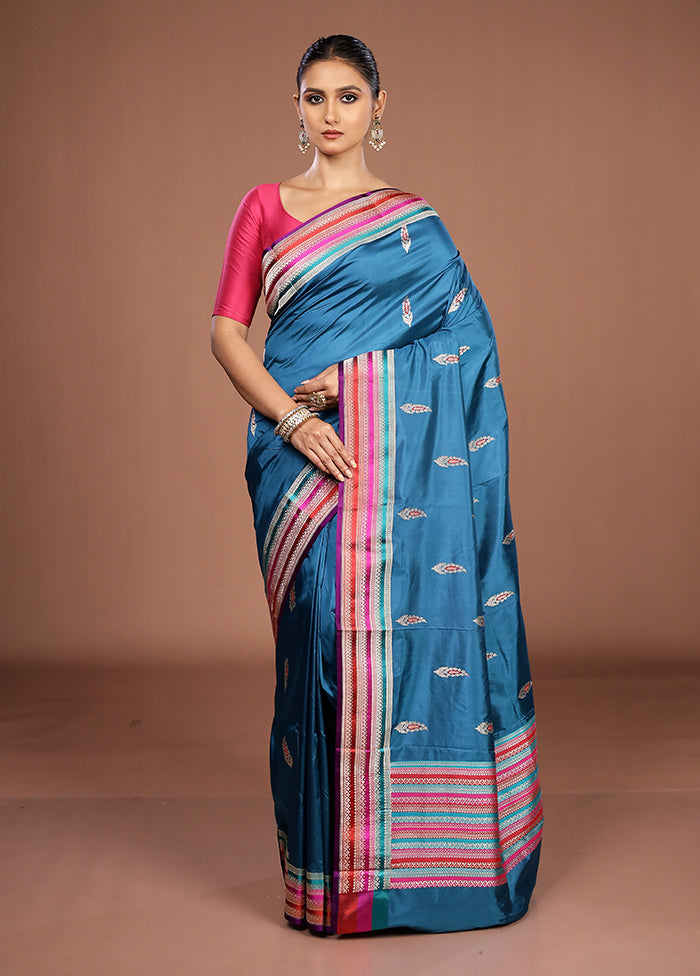 Blue Handloom Katan Pure Silk Saree With Blouse Piece