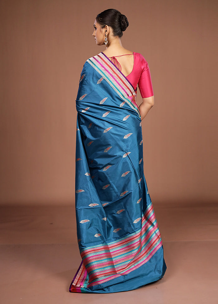 Blue Handloom Katan Pure Silk Saree With Blouse Piece