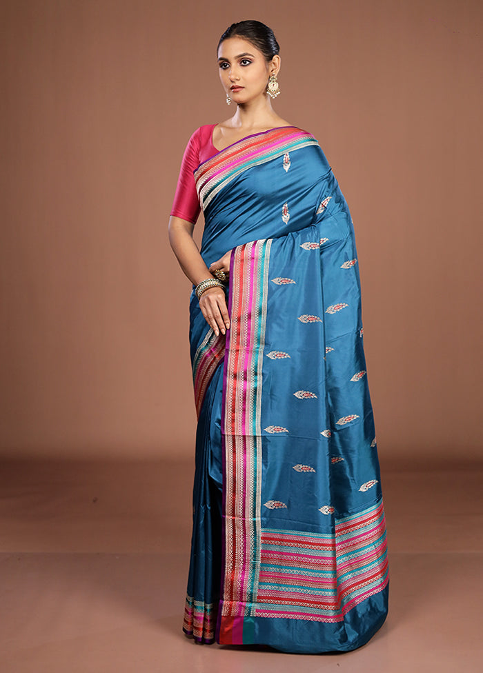 Blue Handloom Katan Pure Silk Saree With Blouse Piece