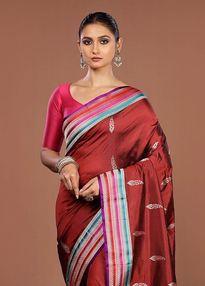 Maroon Handloom Katan Pure Silk Saree With Blouse Piece