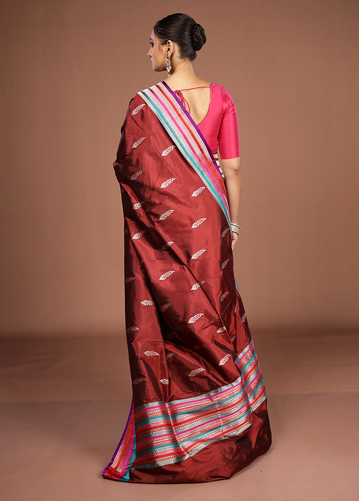 Maroon Handloom Katan Pure Silk Saree With Blouse Piece