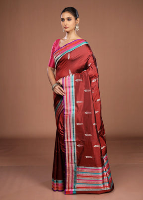 Maroon Handloom Katan Pure Silk Saree With Blouse Piece