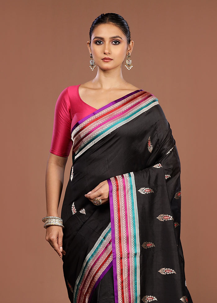 Black Handloom Katan Pure Silk Saree With Blouse Piece