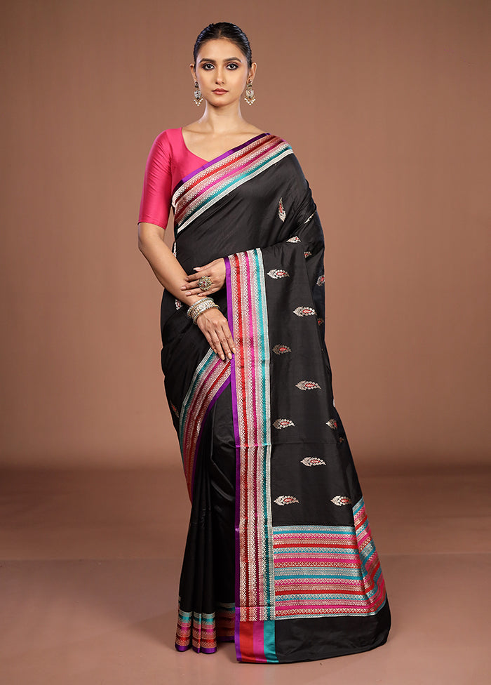 Black Handloom Katan Pure Silk Saree With Blouse Piece