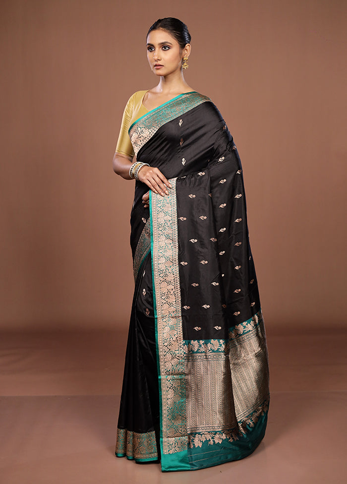 Black Handloom Katan Pure Silk Saree With Blouse Piece